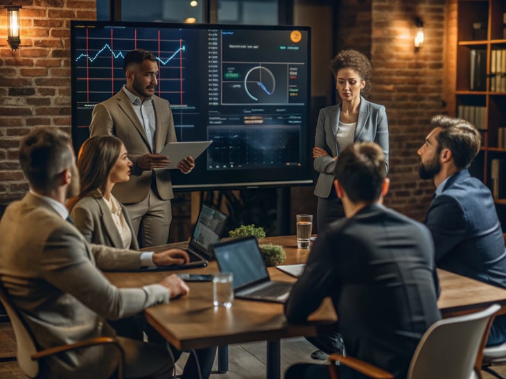 A modern business meeting in a tech-oriented workspace, with diverse professionals discussing blockchain strategy. Digital screens display graphs, NFTs, and DeFi diagrams. Futuristic yet professional ambiance. Focus on collaboration, innovation, and strategic thinking in a Web3 environment.