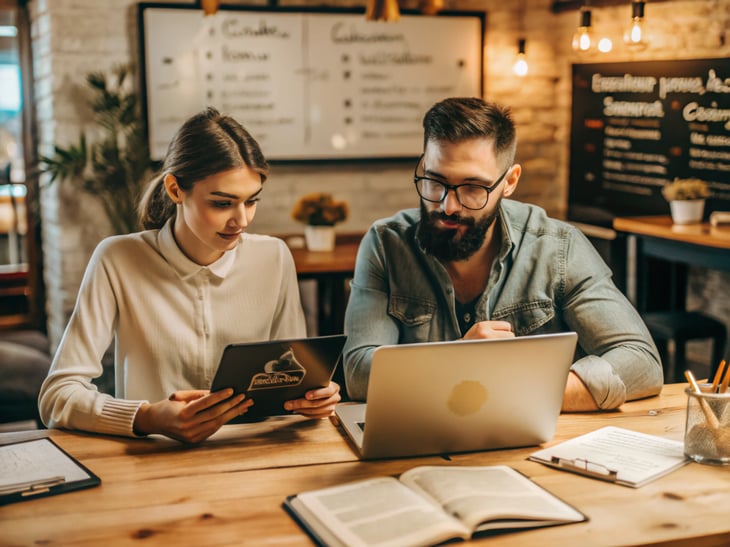 A one-on-one mentoring session between a crypto expert and a beginner, with laptops open on blockchain dashboards. One tablet and notes on Web3 concepts. Cozy but tech-oriented workspace. Emphasis on learning, trust, and empowerment. No writing.