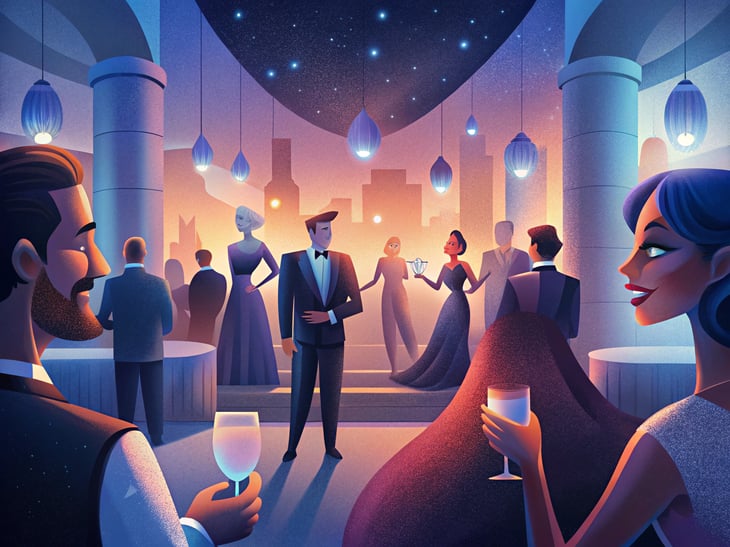 A high-end event with elegantly dressed individuals mingling over champagne, soft music playing in the background, and ambient lighting creating a warm, inviting atmosphere.