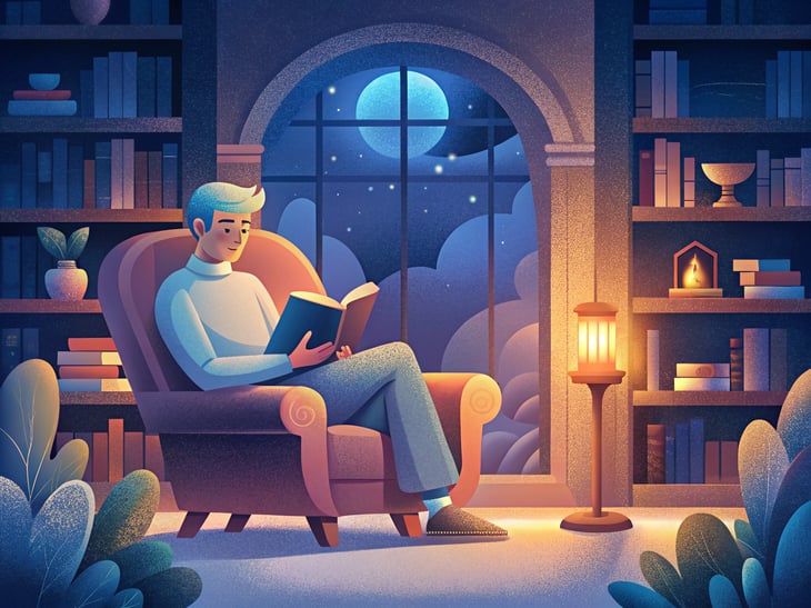 A cozy, upscale library with plush armchairs and soft, warm lighting, where an individual is engaged in reading a high-quality magazine about luxury lifestyles.