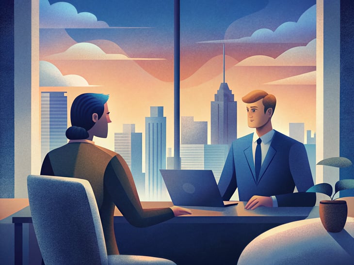 A modern office space with a sleek desk and sophisticated gadgets. A professional consultant is discussing financial strategies with a well-dressed client, with a large window showcasing a city skyline in the background.