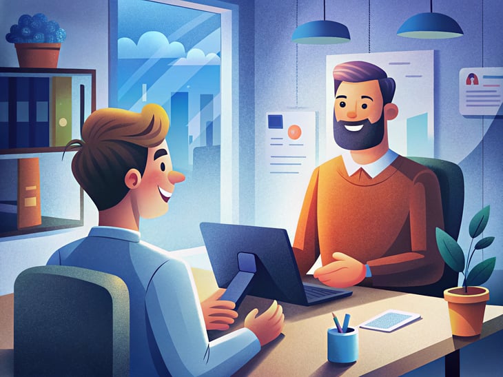 A confident recruiter conducting an interview in a stylish office setting. The room is well-lit, with motivational quotes on the walls, creating a professional yet relaxed environment.