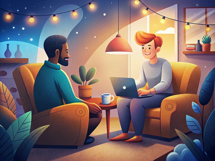 A friendly consultant advising a candidate in a cozy, well-decorated office corner. Warm lighting and comfortable seating create a supportive atmosphere, highlighting the personalized approach to recruitment.
