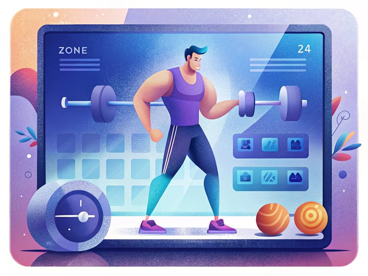 A user-friendly interface of the Training Zones Calculator on a tablet, held by an athlete in workout gear. The background features a gym setting with weights and exercise equipment, conveying a sense of fitness and engagement.