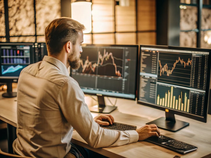 A tech-savvy investor reviewing DeFi dashboards on multiple monitors. Visuals include yield farming stats, token liquidity pools, staking interfaces. Bright screens and financial data charts with a futuristic interface. Web3 atmosphere with a confident, analytical vibe.