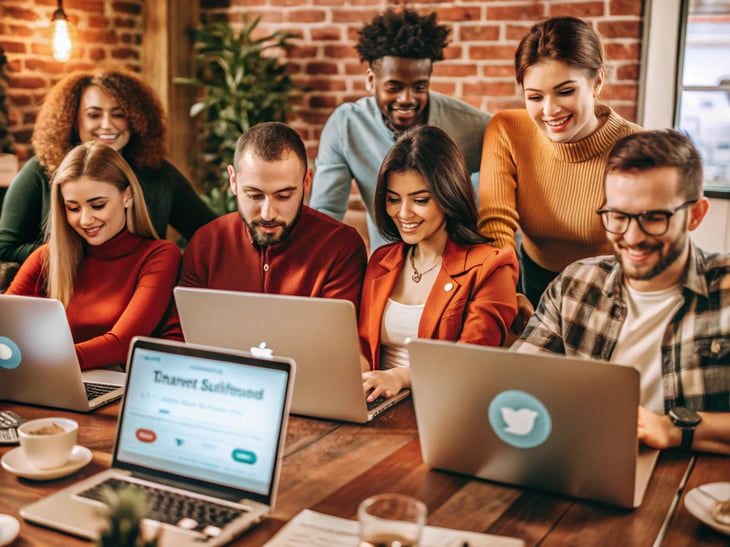 A dynamic startup team managing a geek community strategy. Some seperate open laptops display Discord servers, Twitter feeds, and gamified reward dashboards. The team is engaged in planning social campaigns and community events. The environment feels digital, vibrant, and focused on growth. Emphasis on collaboration, engagement metrics, and decentralized community building. No Writtings.