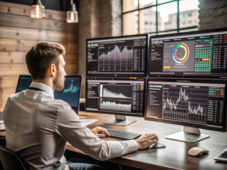 A tech-savvy investor reviewing DeFi dashboards on multiple monitors. Visuals include yield farming stats, token liquidity pools, staking interfaces. Bright screens and financial data charts with a futuristic interface. Web3 atmosphere with a confident, analytical vibe.