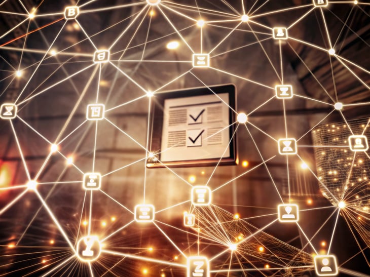 a design featuring a sleek, futuristic layout with blockchain-inspired graphics (like interconnected nodes), a checklist of the pack’s components, and a professional training session vibe. No text.