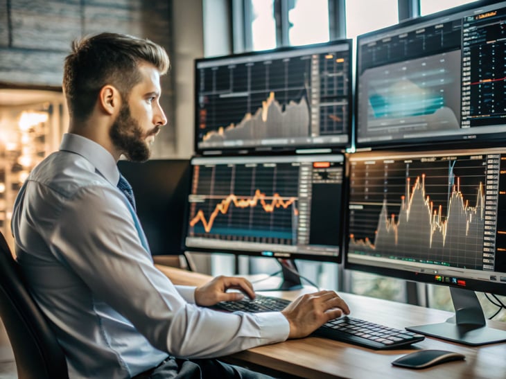 A super tech-savvy investor reviewing DeFi dashboards on multiple monitors. Visuals include yield farming stats, token liquidity pools, staking interfaces. Bright screens and financial data charts with a futuristic interface. Web3 atmosphere with a confident, analytical vibe.